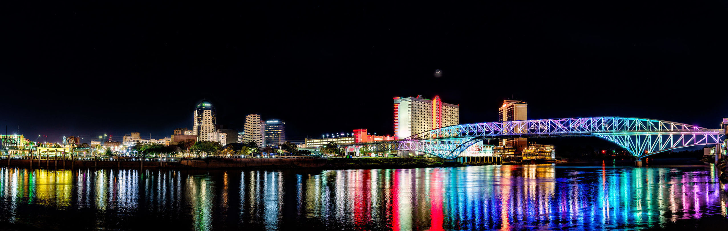 Shreveport skyline with the Bakowski Bridge of Lights on the Texas Street Bridge